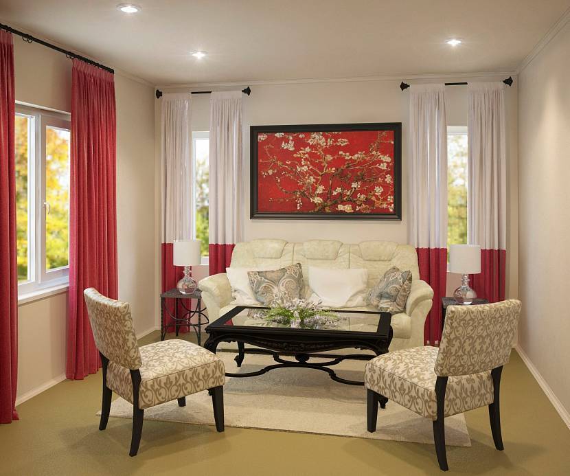 Красные шторы в интерьере гостиной с диваном: с каким цветом сочетается красный занавес 
 - 32 фото