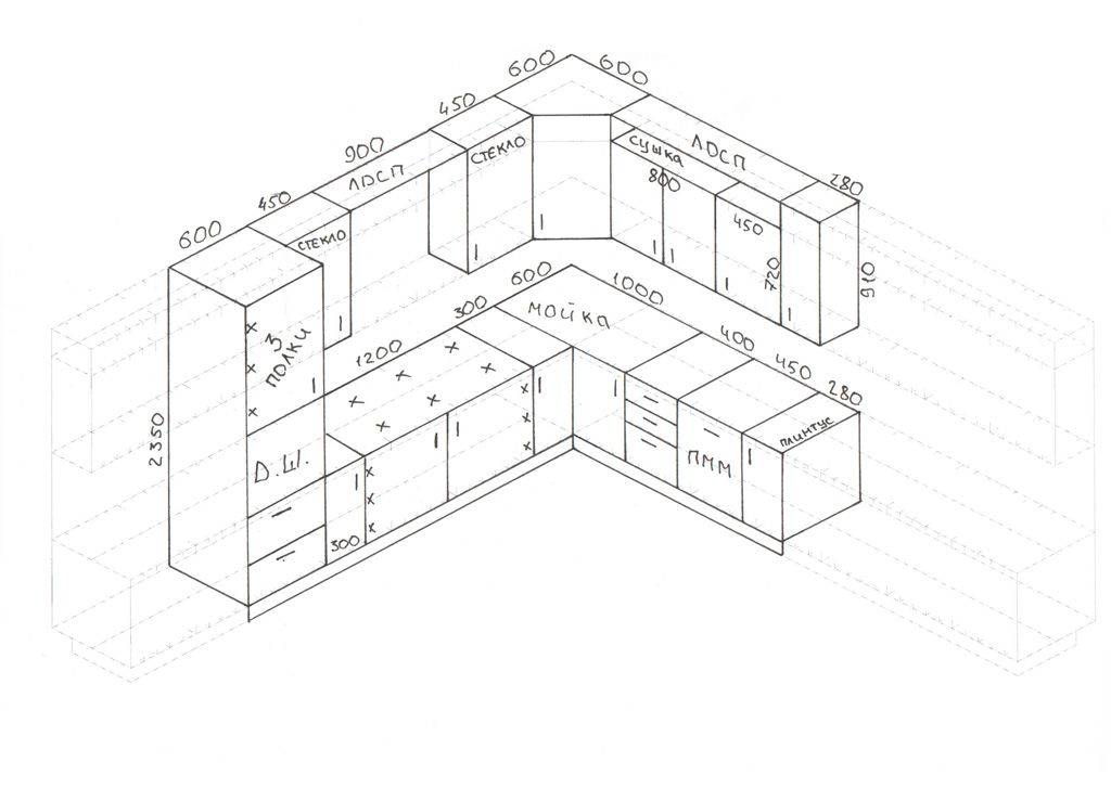 Проект кухонного гарнитура с размерами и деталировкой