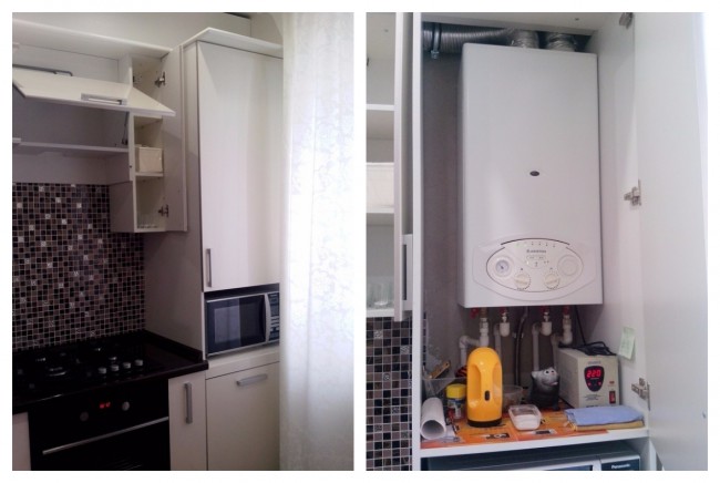 Угловая кухня с котлом отопления и холодильником фото