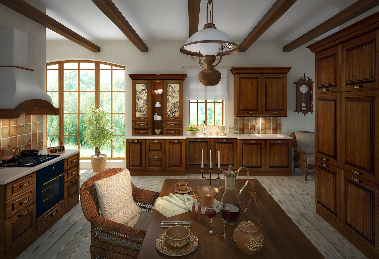 Гостиная с кухней с деревянными фасадами
