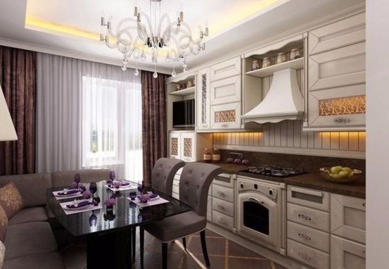 Кухня, совмещенная с гостиной — классический стиль в интерьере