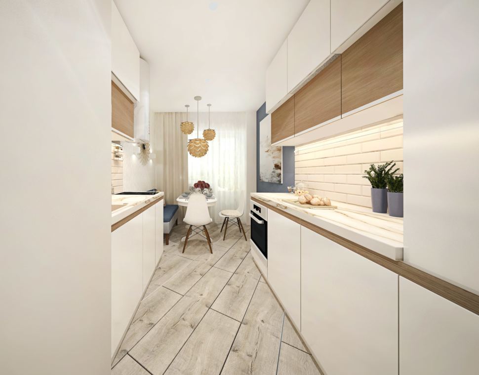 Дизайн параллельной белой кухни 12 кв.м (5 фото)