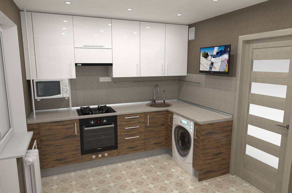 Проект белой кухни 6 кв м с холодильником, стиральной машиной и пеналом с духовкой и СВЧ