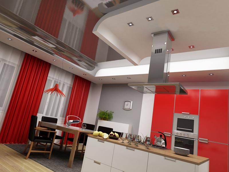 Фотопримеры с различными вариантами дизайна кухонь с натяжными потолками: 70 фото
