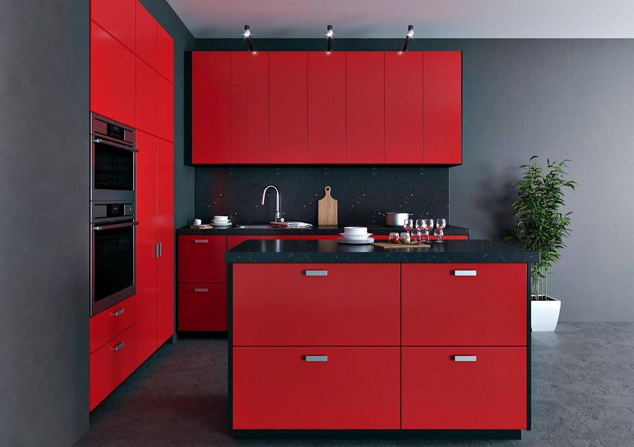 Красные кухни: стили, сочетания, выбор гарнитура, фартука, фото в интерьере