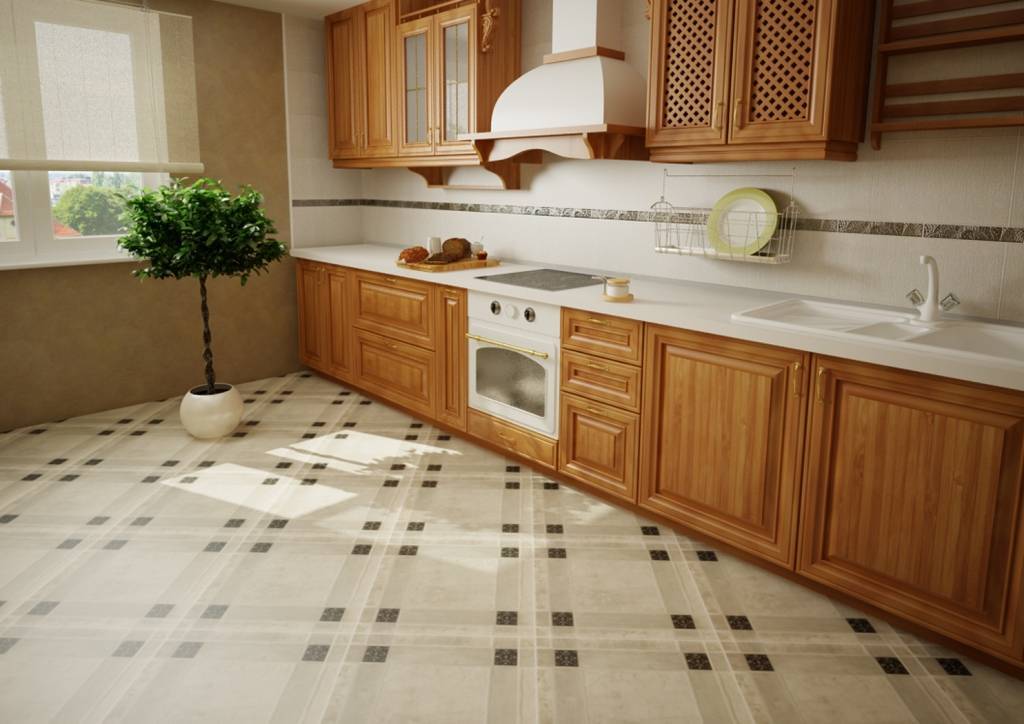 Достоинства кафельной плитки и важное условие ее качественной укладки на полу в кухне