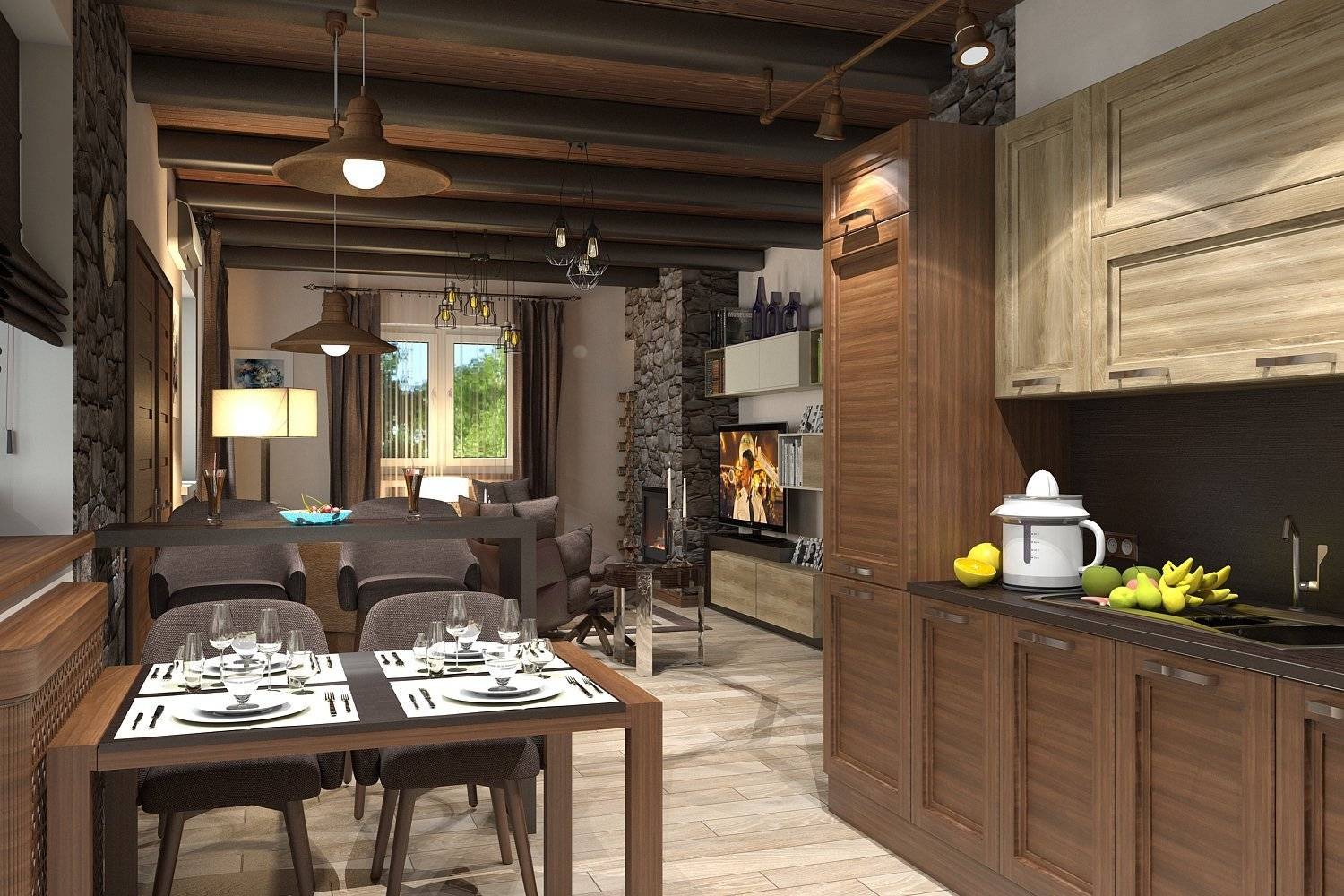 Дизайн уютной кухни 15 кв м в деревянном доме в стиле шале
