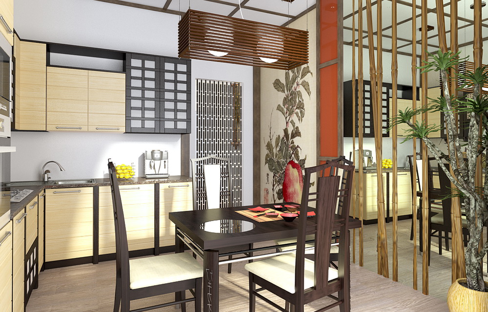 Японский интерьер на кухне - кухонный гарнитур, отделка, фартук для маленькой кухни в японском стиле.