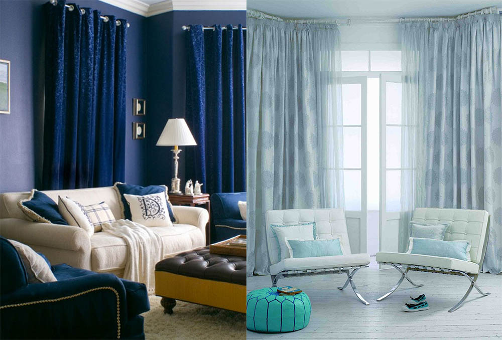 Синие шторы в интерьере, особенности синих занавесок, сочетания синего с другими оттенками