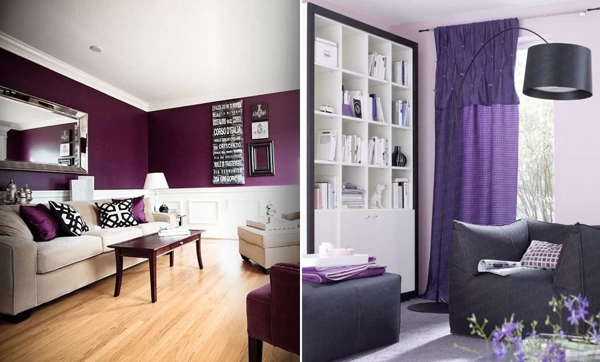 Сиреневая гостиная: оформляем интерьер, шторы и диван, фото дизайна