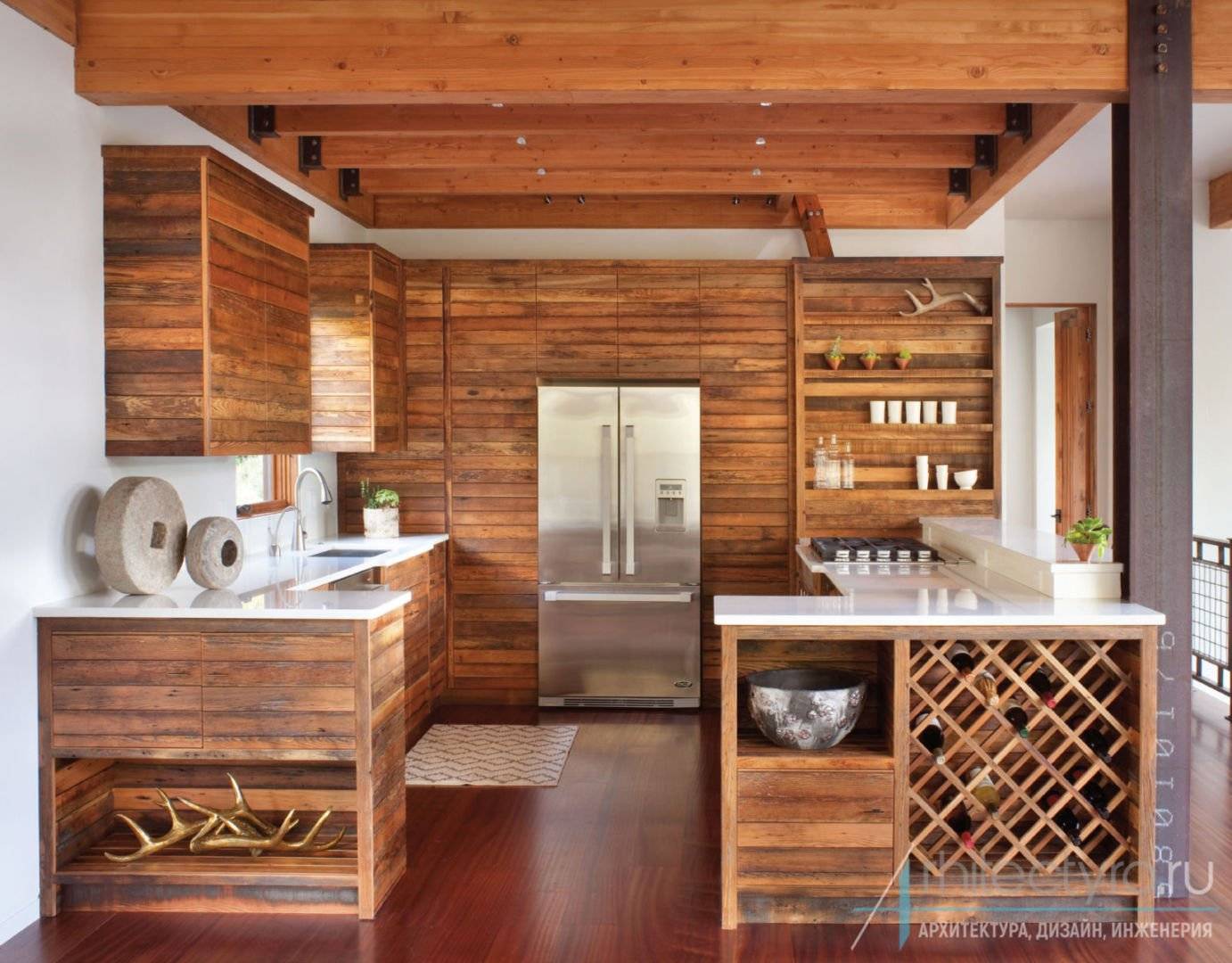 Кухня из дерева - кухня с деревянными фасадами из массива дерева, из натурального дерева и под дерево, фото.
