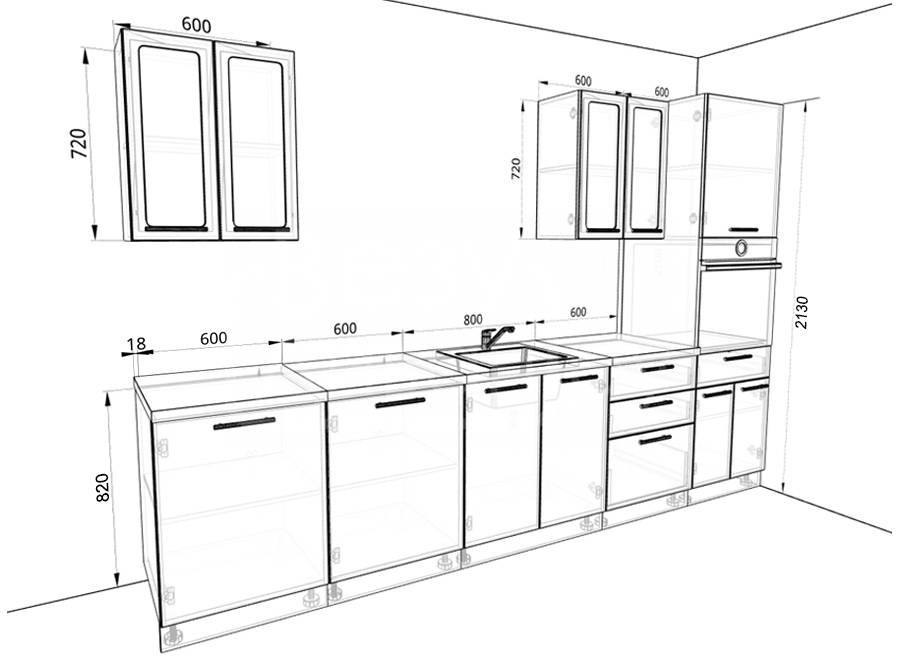 Размеры кухонной мебели, стандарт высоты, ширины, глубины