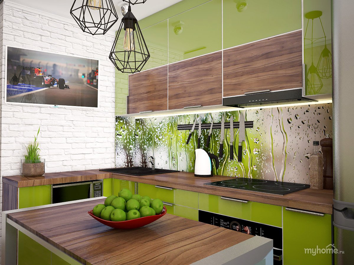 кухня зеленая с деревом интерьер кухни