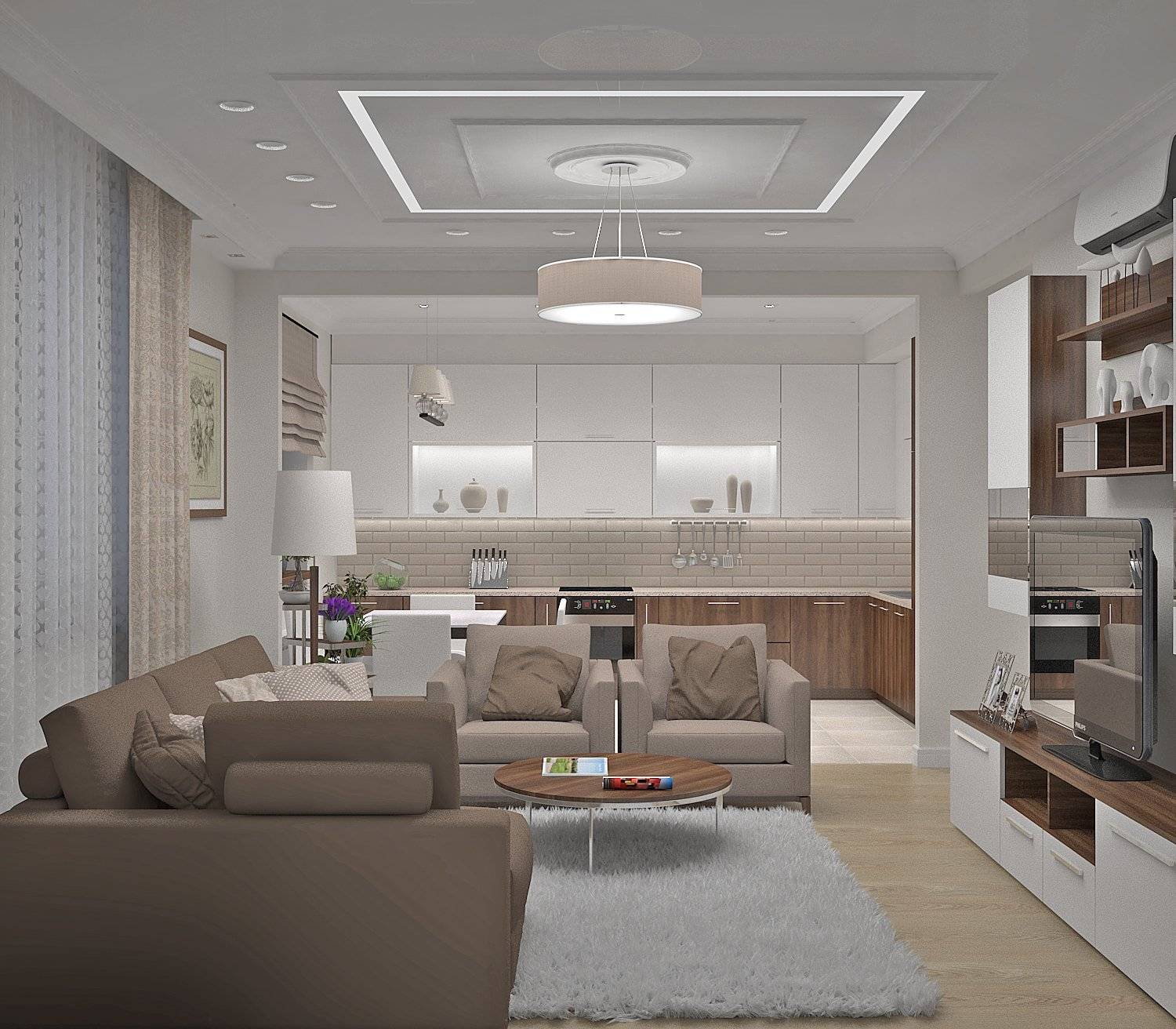 Дизайнерское оформление кухни-гостиной 22 кв.м. с системой "умный дом"