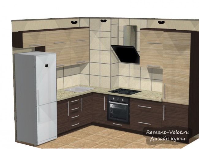 Интерьер бежевой кухни 7 кв. м с газовой колонкой и посудомойкой