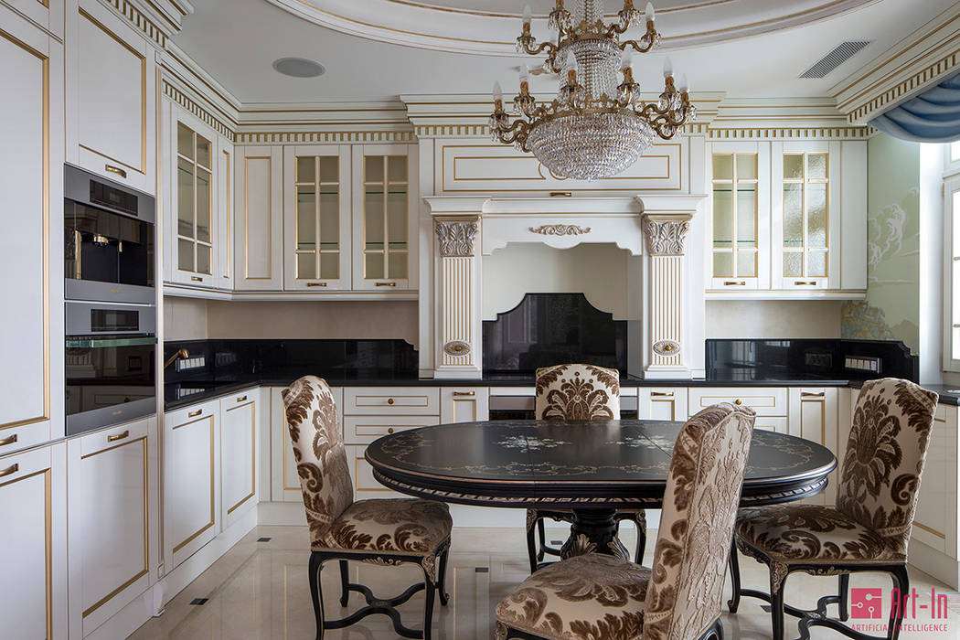 Кухни в стиле барокко, с гостиной, мебель, декорирование, фото в интерьере