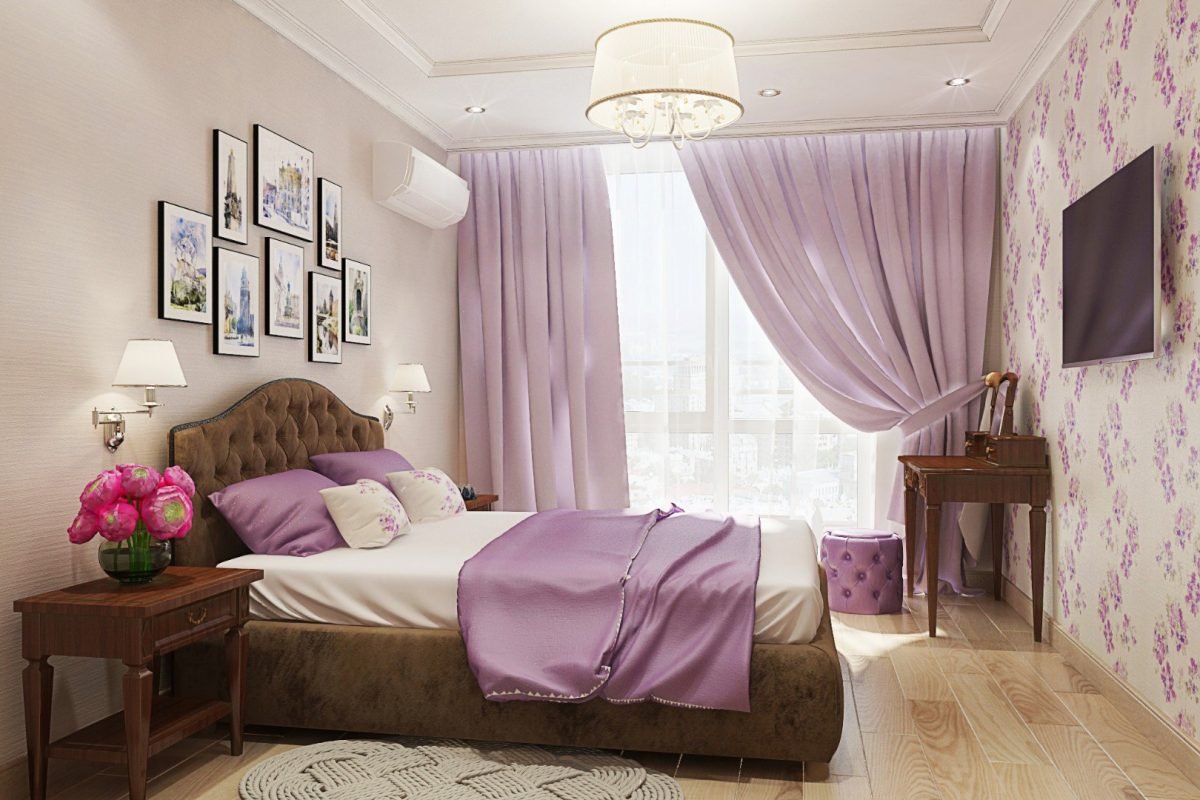 лиловый цвет в интерьере спальни
