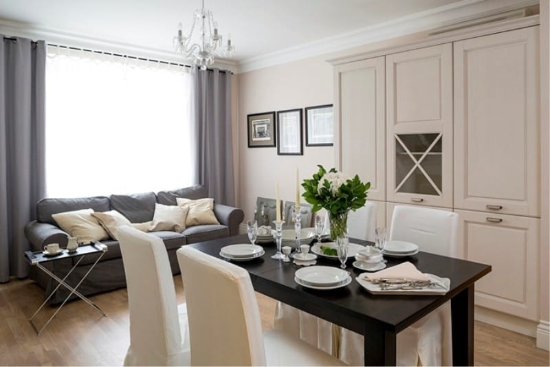 Современный дизайн белой кухни 6 кв.м с обеденной зоной в гостиной (13 фото)