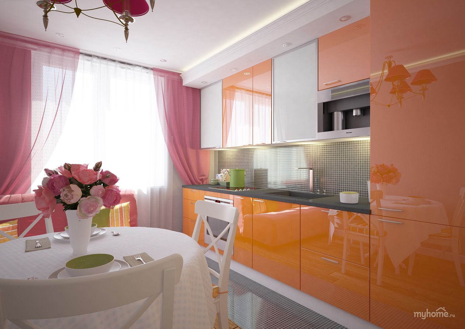 Какой цвет штор на кухню. Кухня в персиковых тонах. Кухня в оранжевых тонах. Кухонный гарнитур персикового цвета. Оранжевая кухня в интерьере.