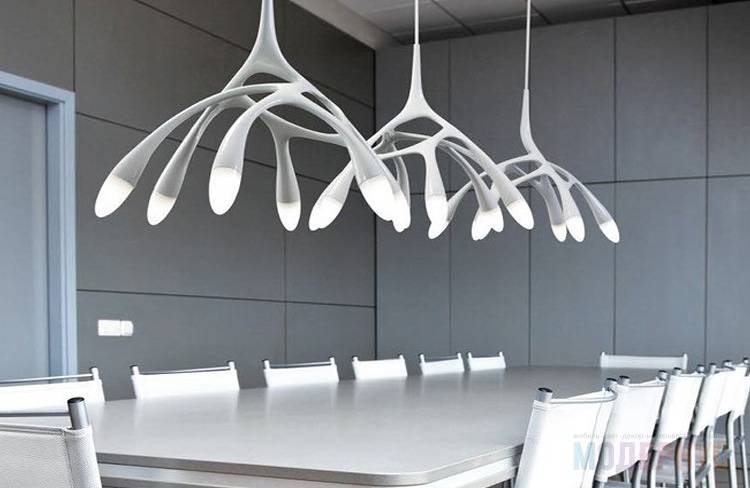 Потолочные люстры в стиле хай тек, белые дизайнерские светильники в современном интерьере