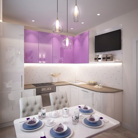 Дизайн бело-фиолетовой угловой кухни 10 кв.м.