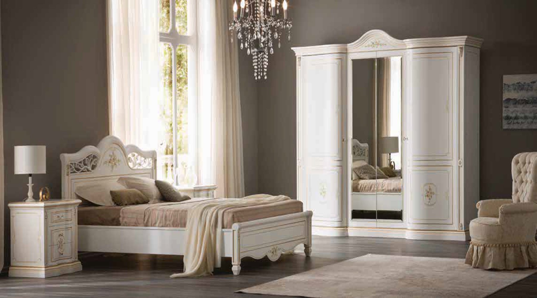 Итальянская спальня: мебельный гарнитур классический, российский производитель, фото современного шкафа белого