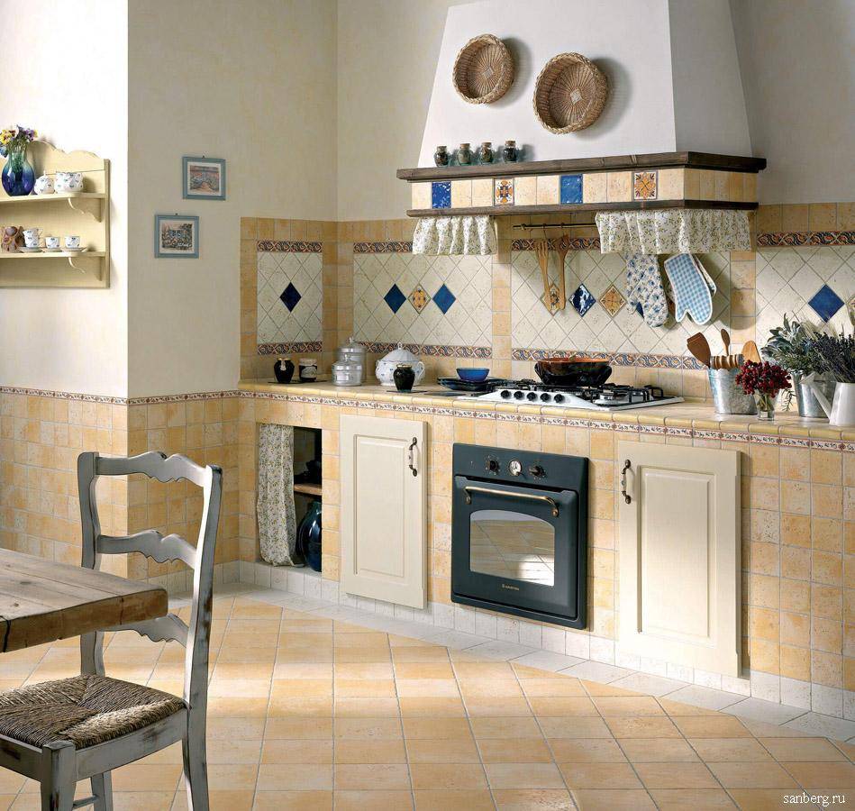 Дизайн плитки на кухне в фартуке и на полу (фото)