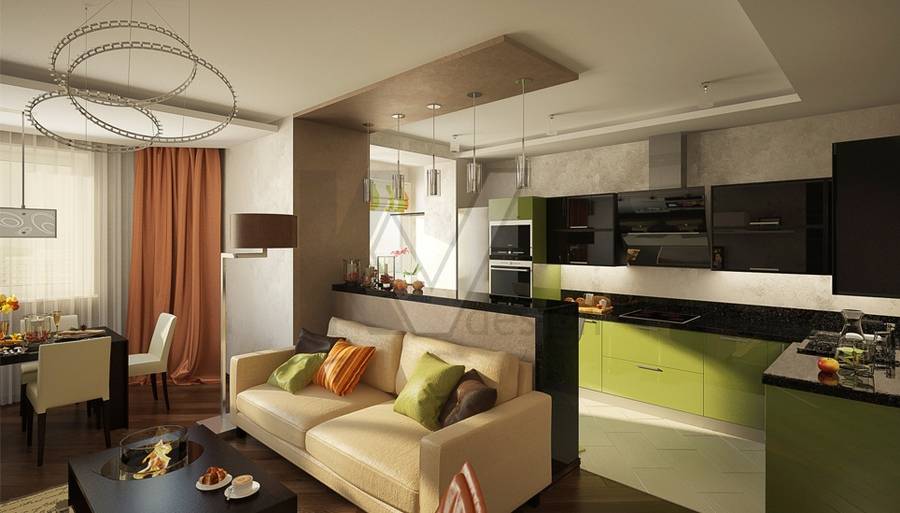 Дизайн кухни гостиной 17 кв м фото с зонированием
