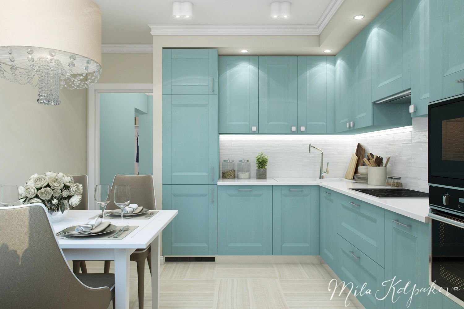 голубой цвет сочетание с другими цветами в интерьере на кухне