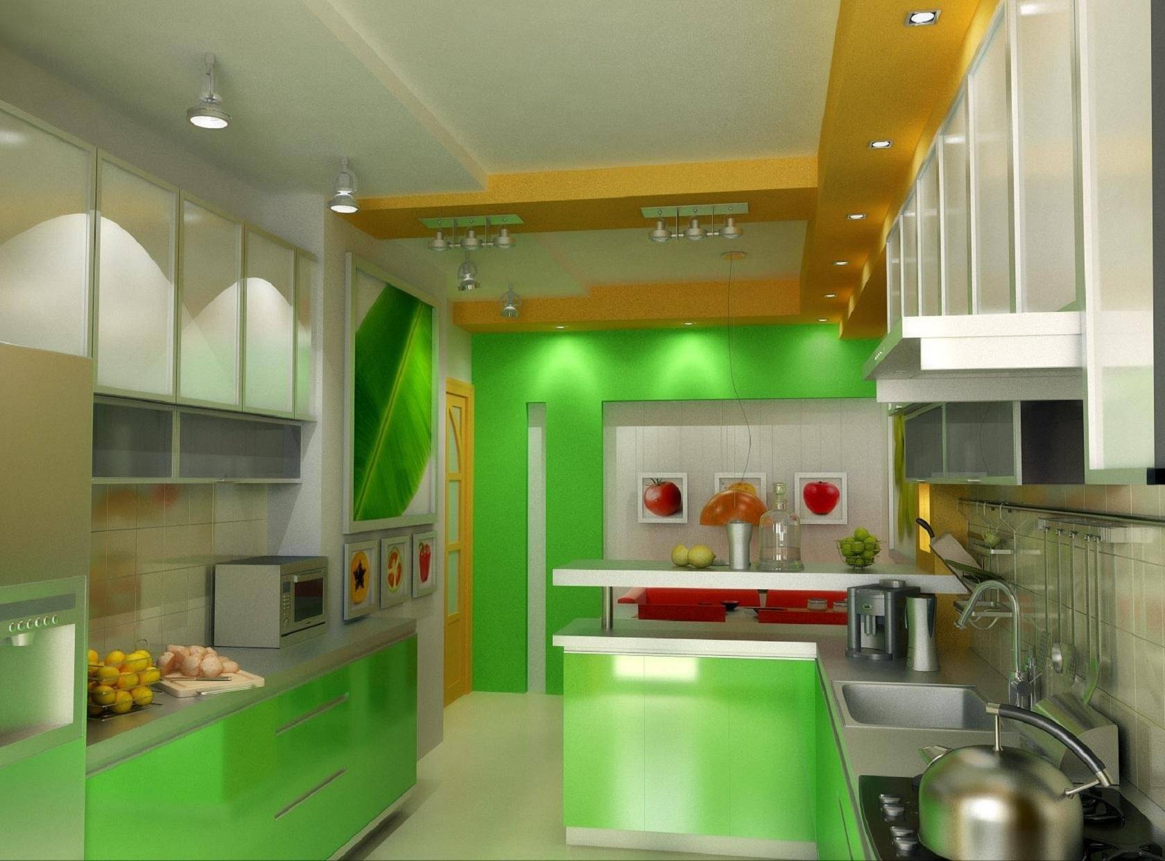 Кухня с зеленым потолком дизайн фото