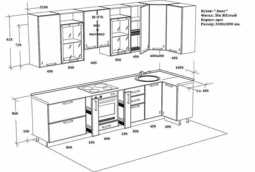 Размеры кухонных шкафов: стандарты, чертежи, схемы и расположение