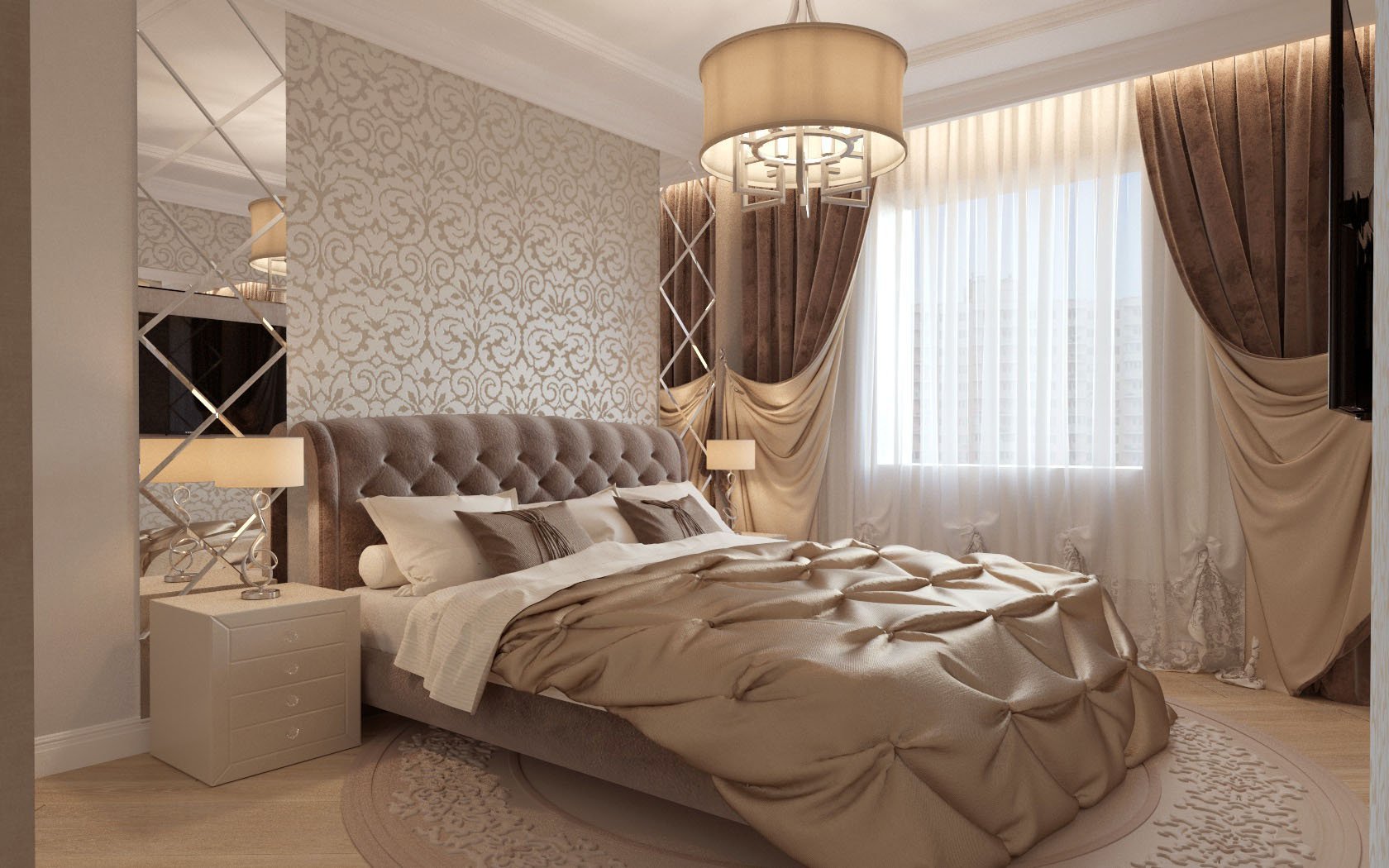 Мега красивая спальня в бежевых тонах, дизайн фото оригинальные