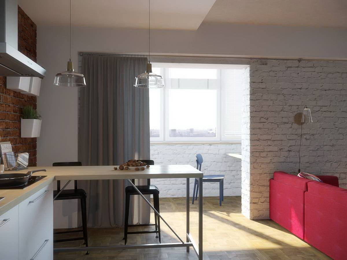 Дизайн кухни-гостиной с выходом на балкон в стиле лофт на 33,6 кв.м