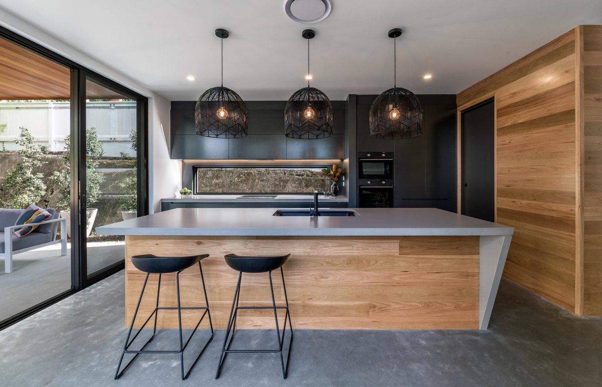 кухня бетон и дерево интерьер