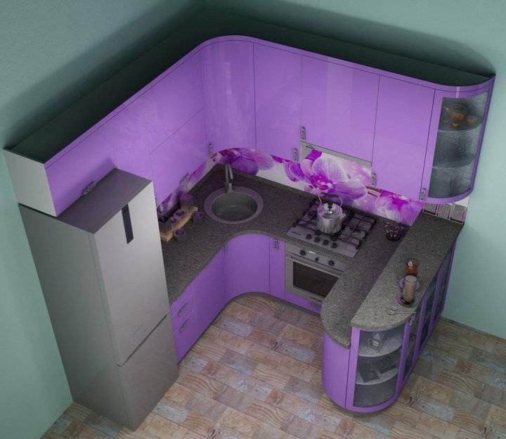 Проект серой кухни 5,7 кв. с холодильником и барной стойкой