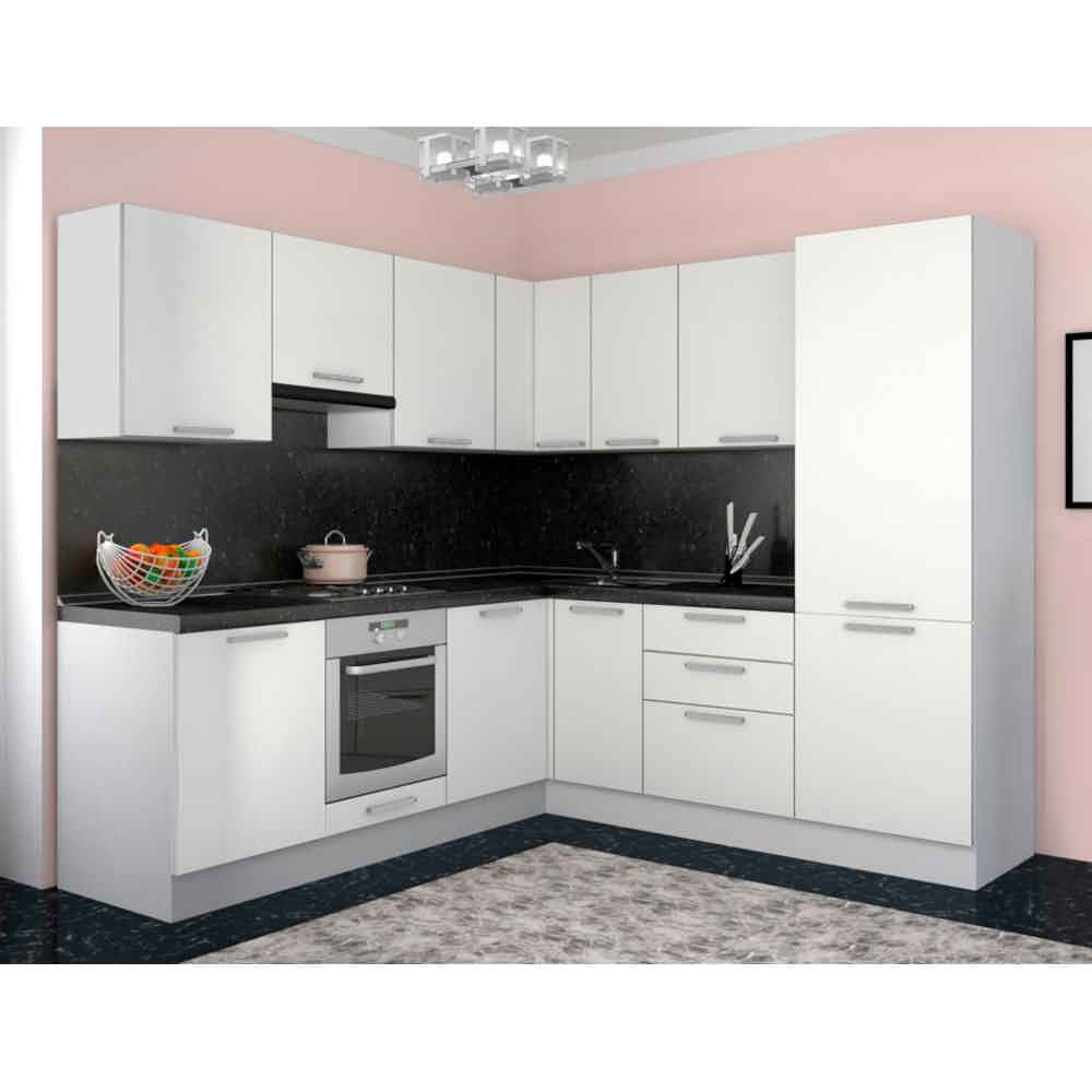 Белая кухня с серой и деревянной столешницей в современном стиле: белый кухонный гарнитур и обои для белой кухни.