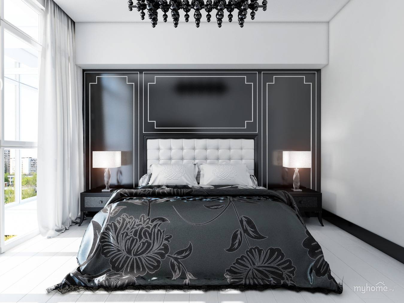 Черно белая спальня с кроватью - 24 фото