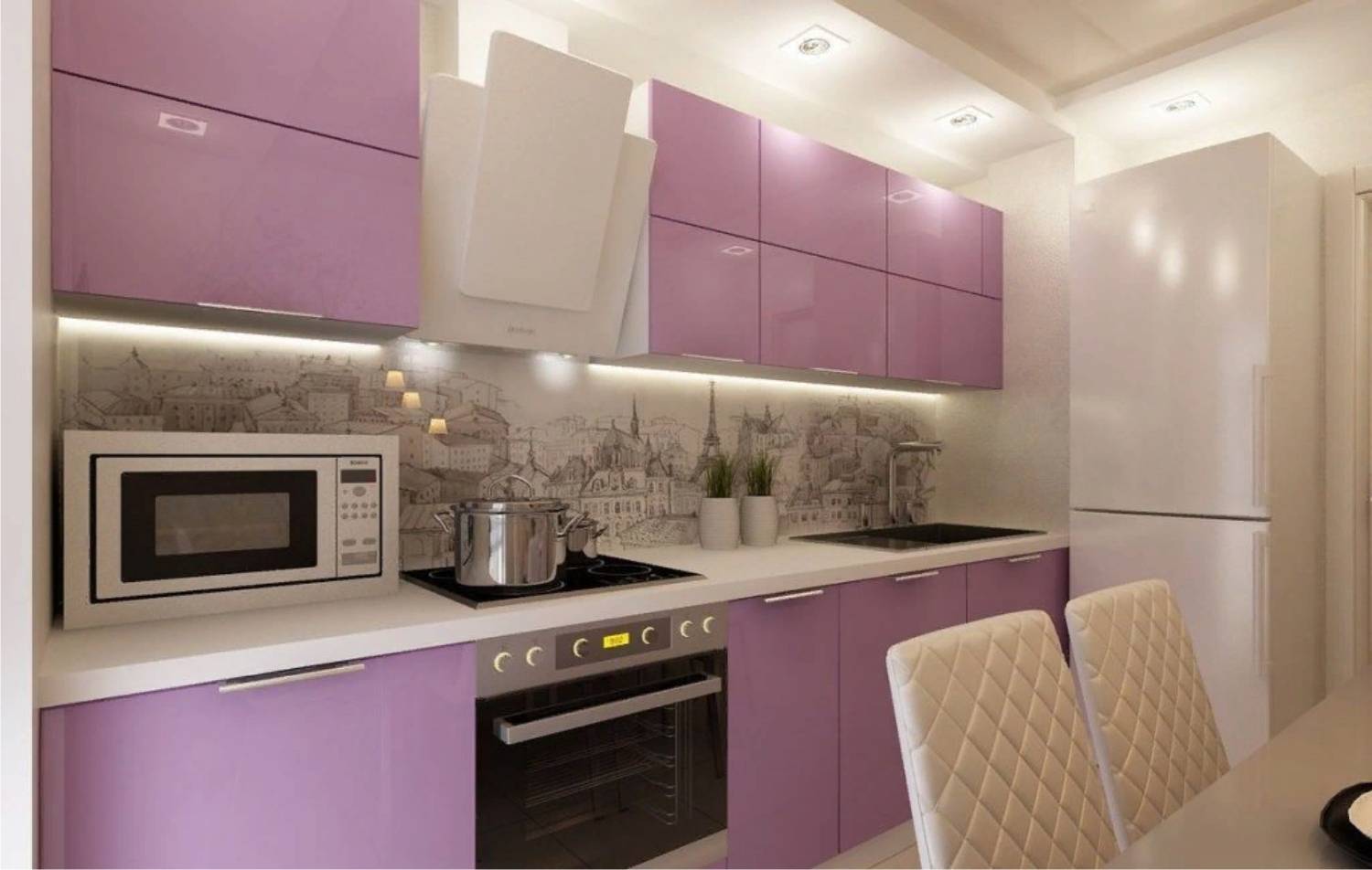 Дизайн фиолетовой глянцевой кухни 12 кв.м за 3200$ (8 фото)