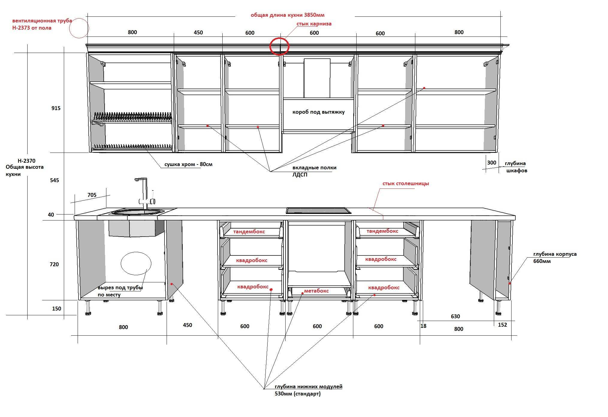 Размеры кухонных модулей чертеж
