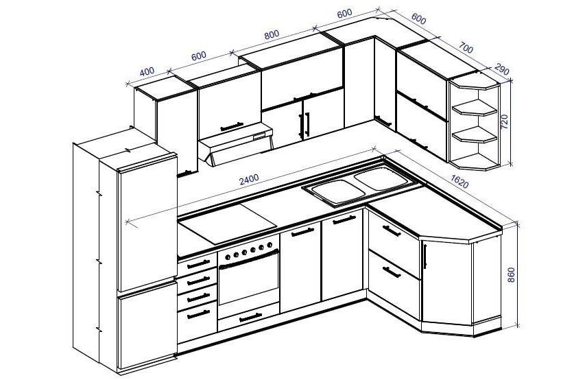 Чертеж кухни с размерами угловой