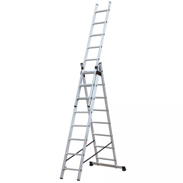 Алюминиевая 3-х секционная универсальная раскладная лестница: раздвижные секции, 3х14 и 12 метров трехколенная