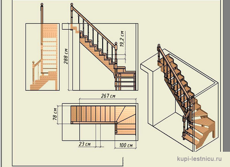 Расчет лестницы на 90° с поворотными ступенями
