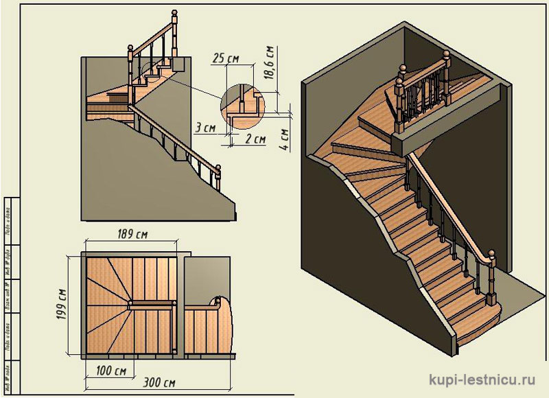 Расчет лестницы на второй этаж с поворотом на 90