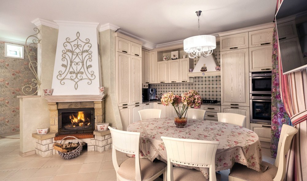 Дизайн Г-образной кухни-гостиной в стиле прованс (4 фото)