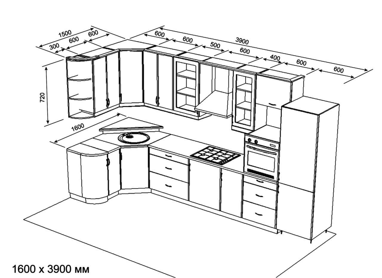Чертеж угловой кухни с размерами всех шкафов