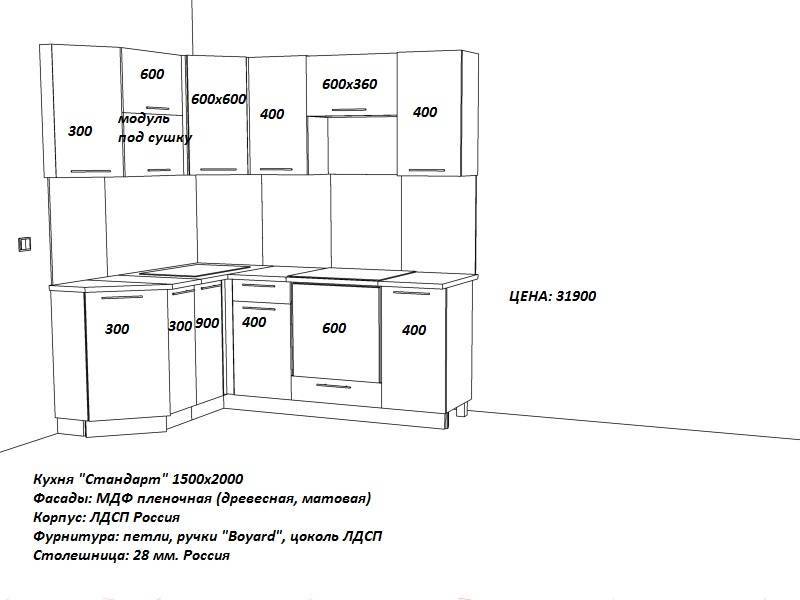 Размеры кухонных шкафов, стандарты в зависимости от типа конструкции