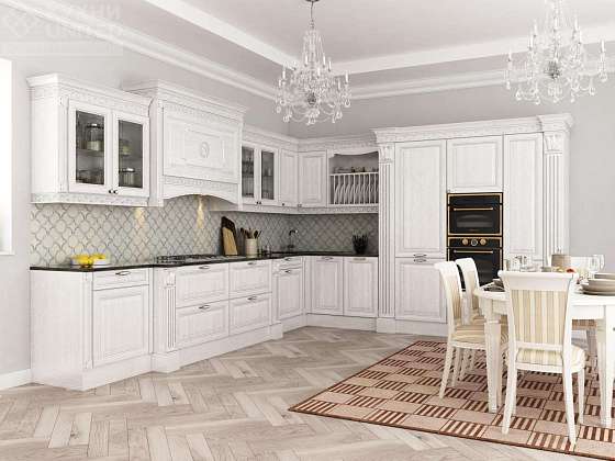 Белая кухня с деревянной столешницей и фартуком в интерьере, глянец с декором
 - 23 фото