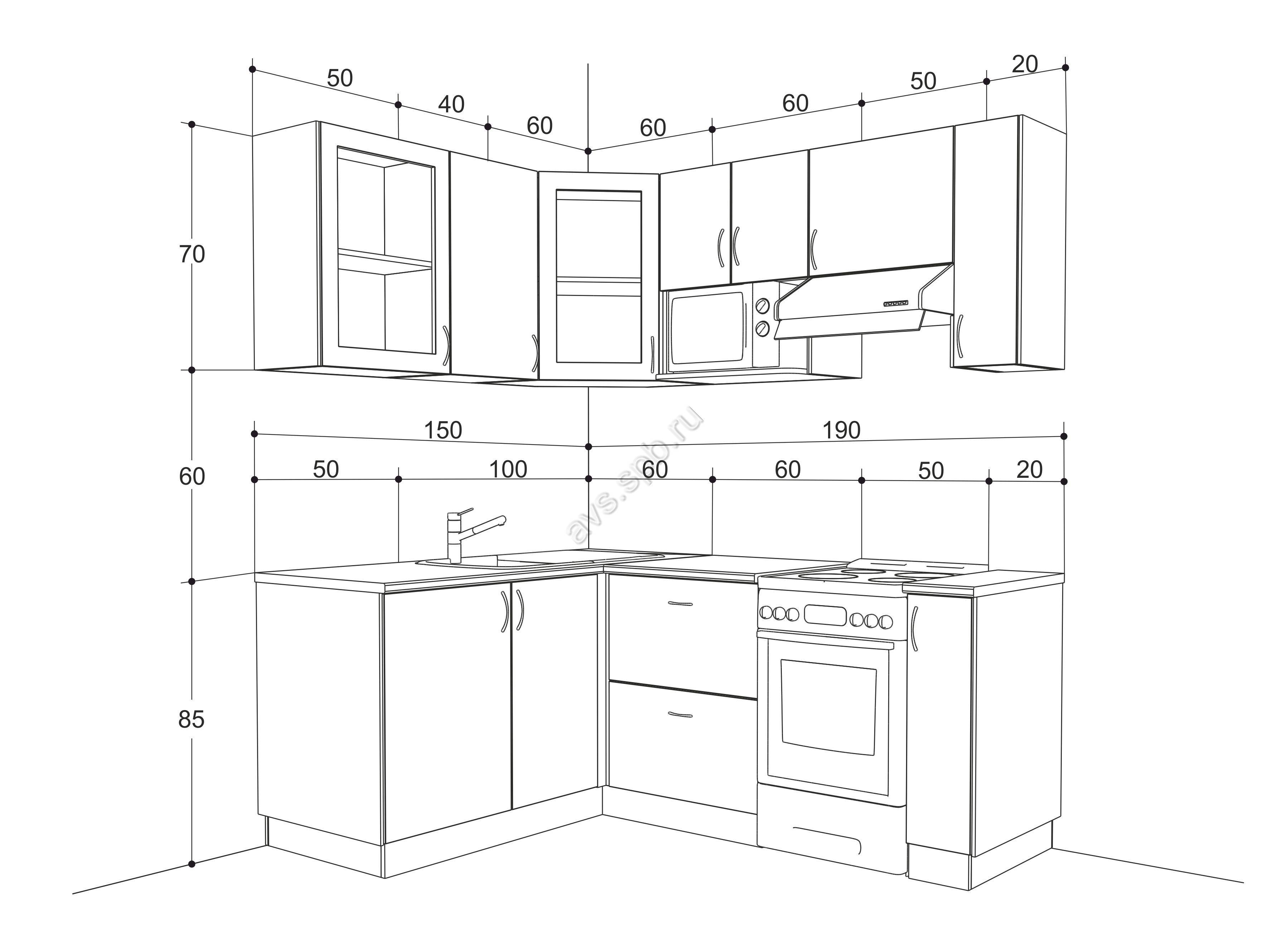 Кухонный мебель угловой 210х200 чертеж с размерами