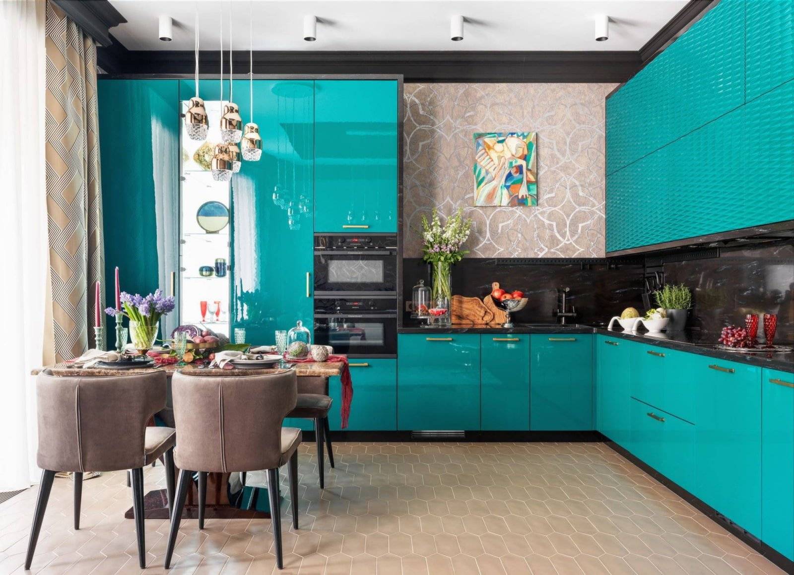 Бирюзовая кухня - мебель или стены: 60 фото интерьеров