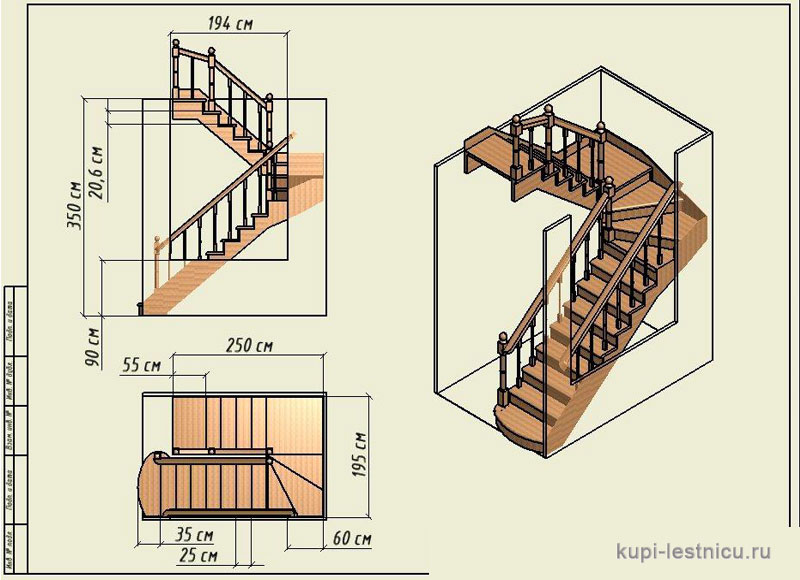 Лестница с поворотом на 90°, с забежными ступенями